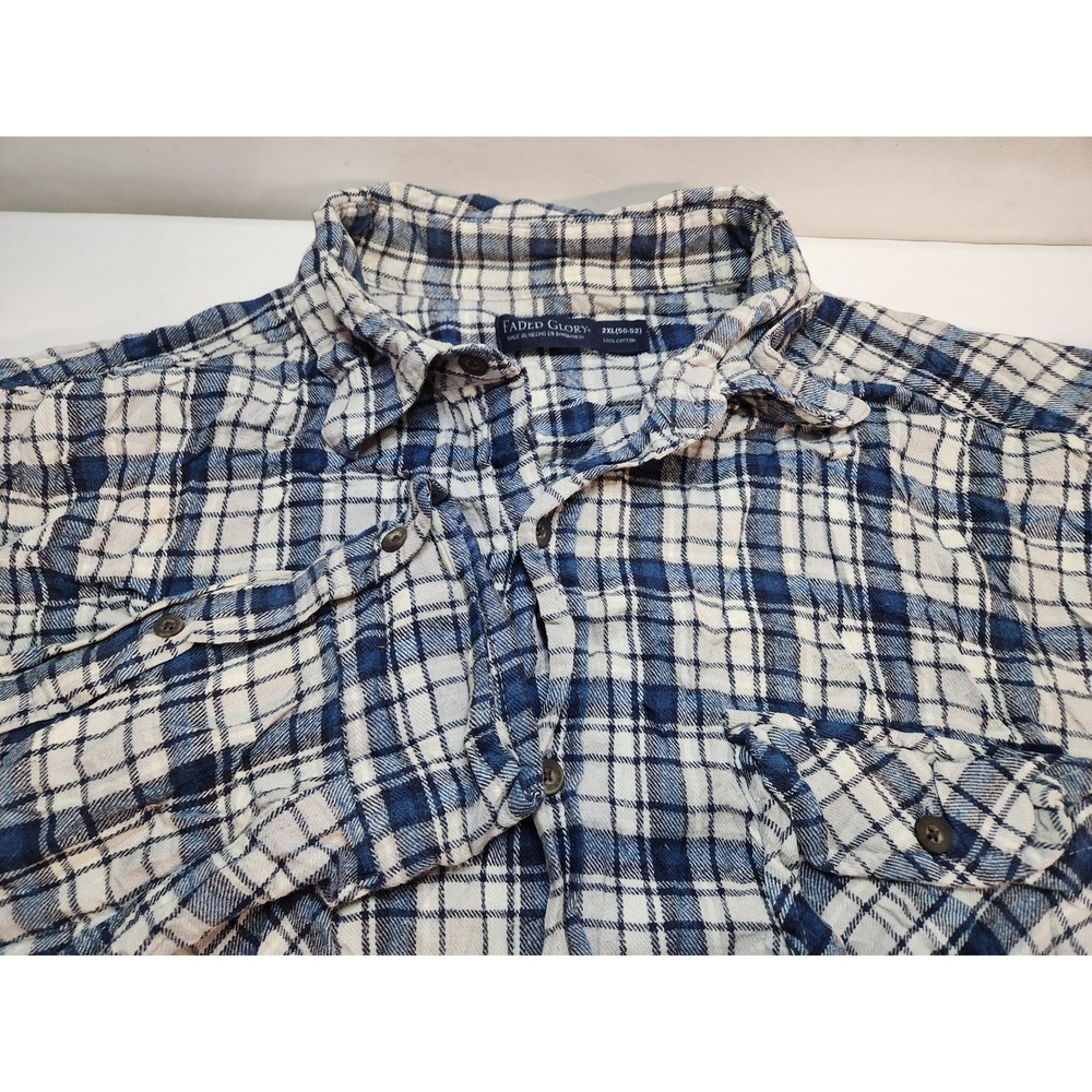 Faded Glory Mens Blue Plaid Flannel Long‎ Sleeve Button Up Shirt 2XL